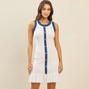 Boutique Contrast Denim Trim Knit Mini Dress Size Small